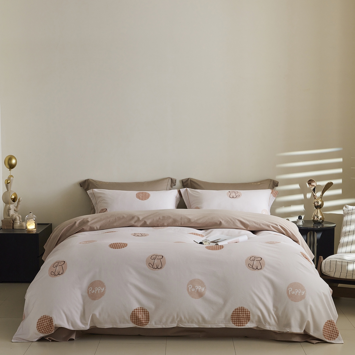 91家纺网 家纺一手货源 找家纺 XIWEN-希文家纺 2025秋冬新款全棉纯棉生态磨毛印花四件套 小狗happy