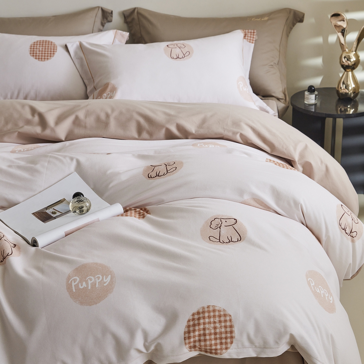 91家纺网 家纺一手货源 找家纺 XIWEN-希文家纺 2025秋冬新款全棉纯棉生态磨毛印花四件套 小狗happy