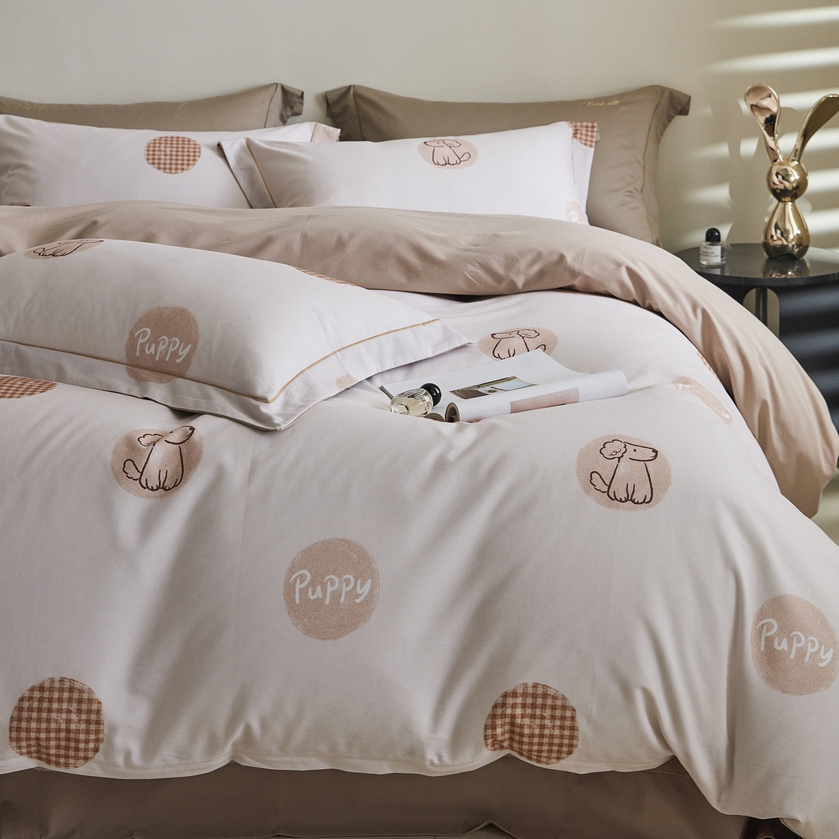 91家纺网 家纺一手货源 找家纺 XIWEN-希文家纺 2025秋冬新款全棉纯棉生态磨毛印花四件套 小狗happy