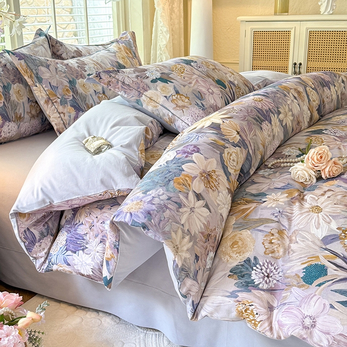 91家纺网 家纺一手货源 找家纺 巧玲珑 2025新款100%数码印花生态AB版四件套 粉黛