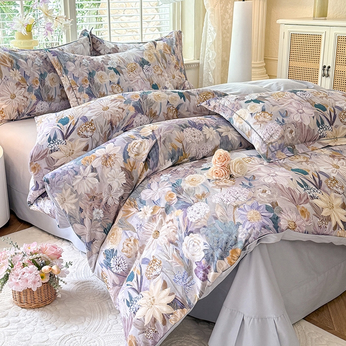 91家纺网 家纺一手货源 找家纺 巧玲珑 2025新款100%数码印花生态AB版四件套 粉黛