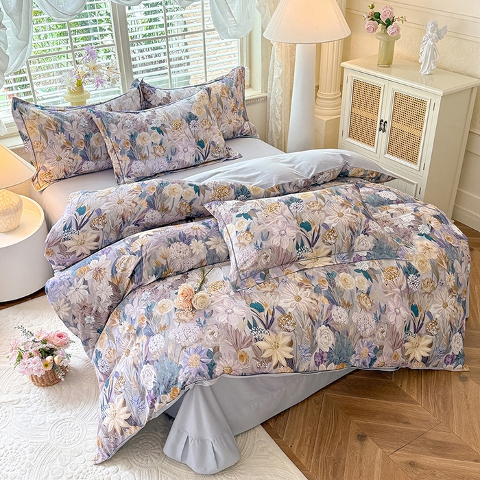 91家纺网 家纺一手货源 找家纺 巧玲珑 2025新款100%数码印花生态AB版四件套 粉黛