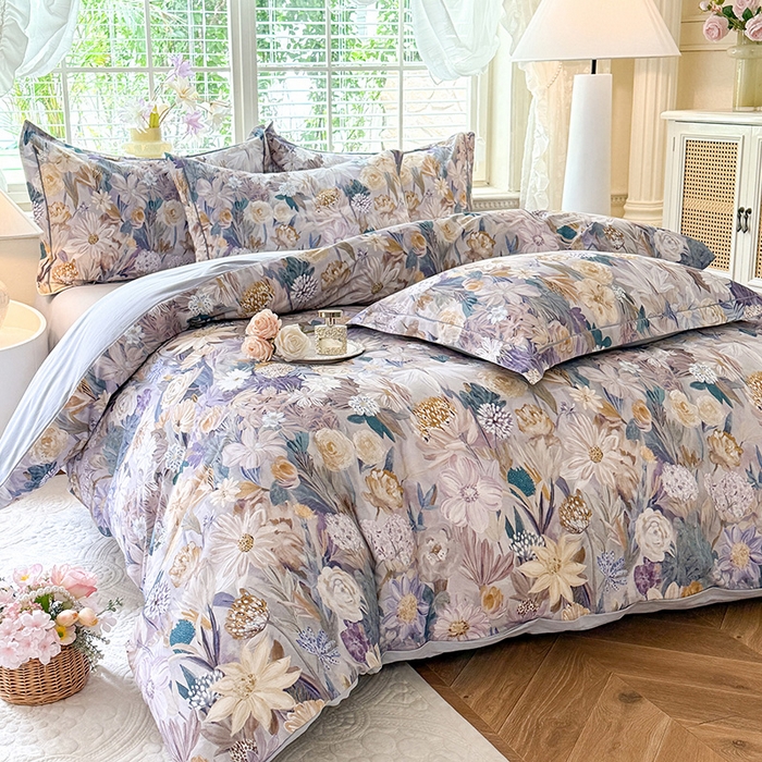 91家纺网 家纺一手货源 找家纺 巧玲珑 2025新款100%数码印花生态AB版四件套 粉黛