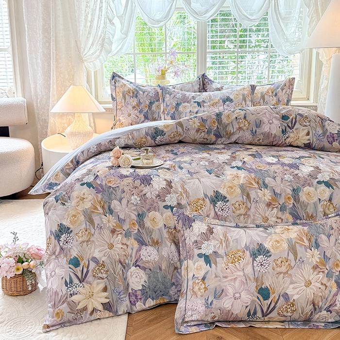 91家纺网 家纺一手货源 找家纺 巧玲珑 2025新款100%数码印花生态AB版四件套 粉黛