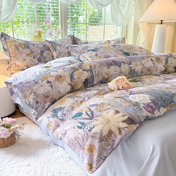 91家纺网 家纺一手货源 找家纺 巧玲珑 2025新款100%数码印花生态AB版四件套 粉黛