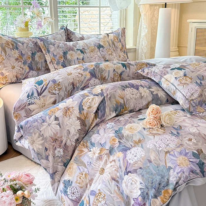 91家纺网 家纺一手货源 找家纺 巧玲珑 2025新款100%数码印花生态AB版四件套 粉黛