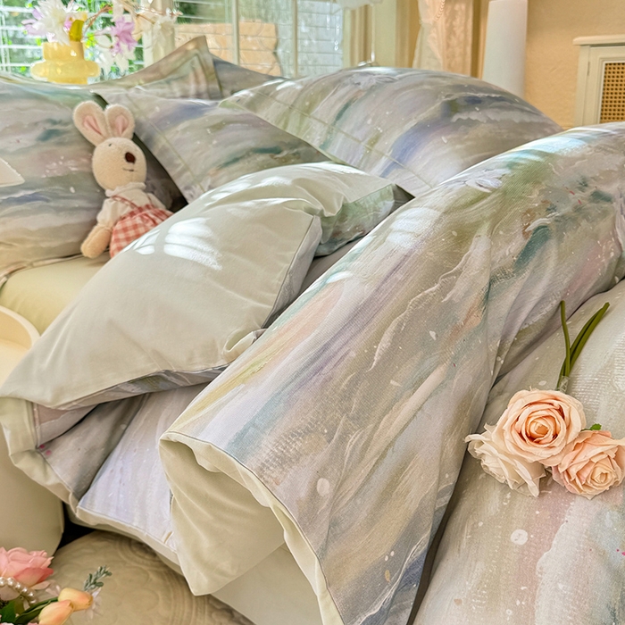 91家纺网 家纺一手货源 找家纺 巧玲珑 2025新款100%数码印花生态AB版四件套 靓彩