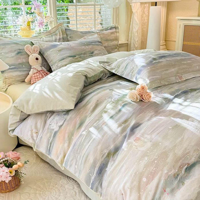 91家纺网 家纺一手货源 找家纺 巧玲珑 2025新款100%数码印花生态AB版四件套 靓彩