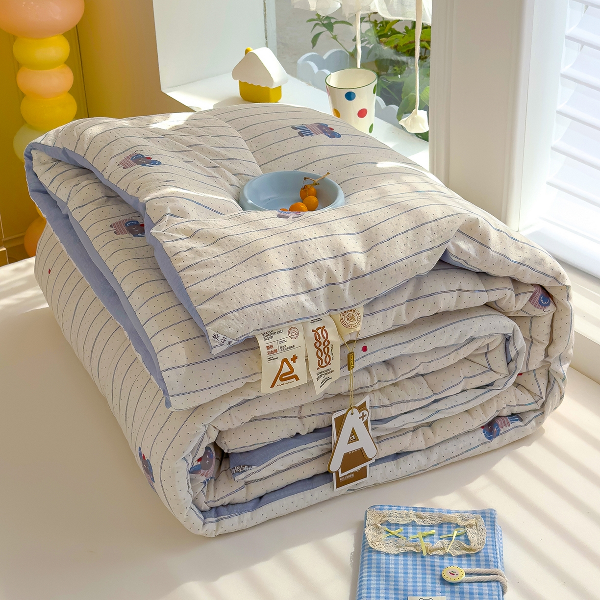 弗苓家纺 2025新款A类云感有氧双层纱冬被被子被芯 条纹小象