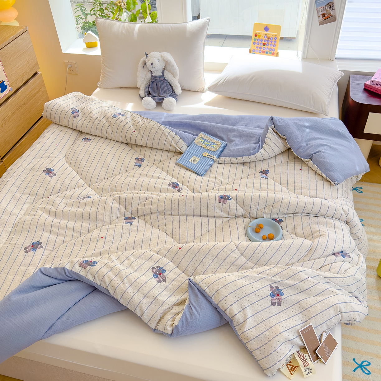 91家纺网 家纺一手货源 找家纺 弗苓家纺 2025新款A类云感有氧双层纱冬被被子被芯 条纹小象