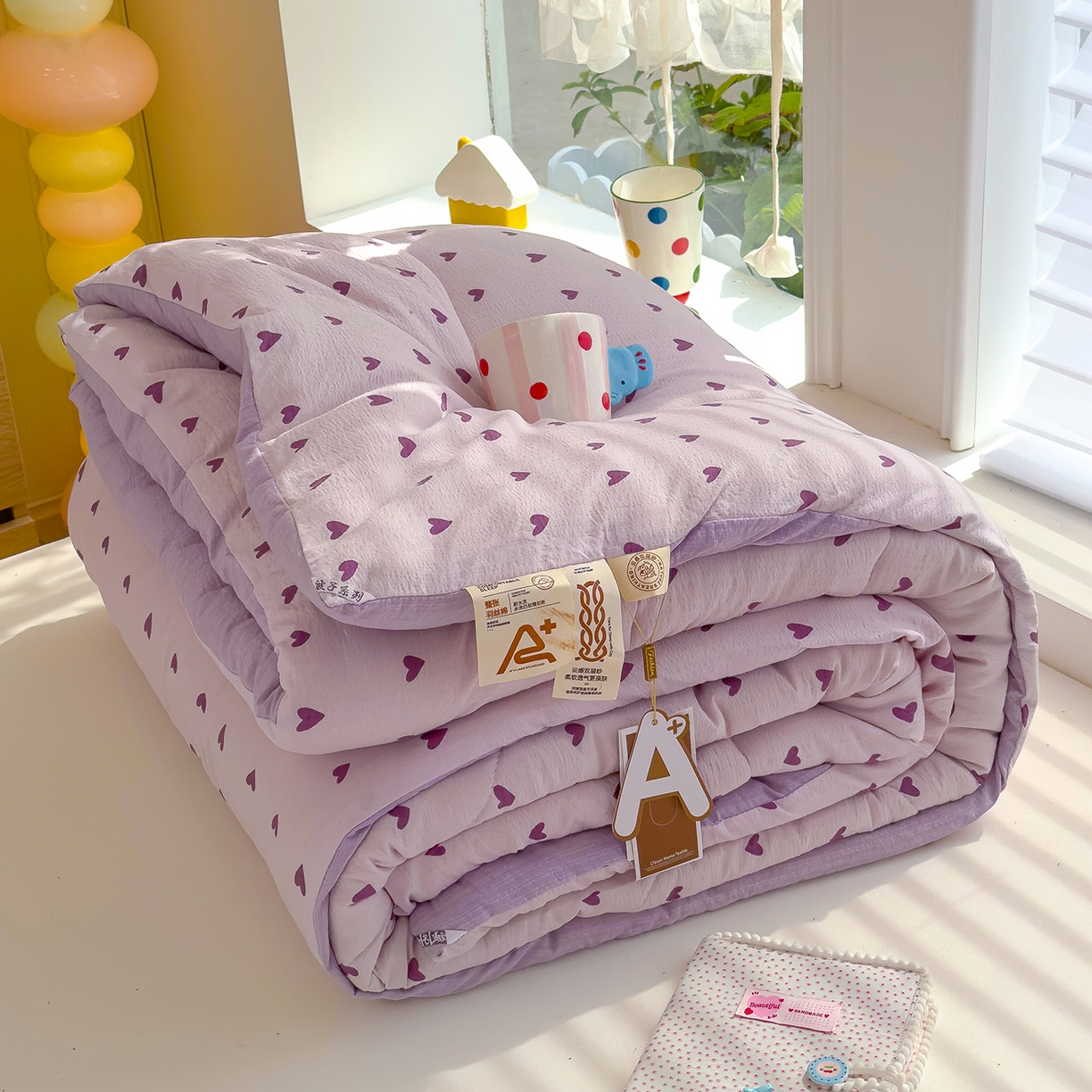 弗苓家纺 2025新款A类云感有氧双层纱冬被被子被芯 紫爱心