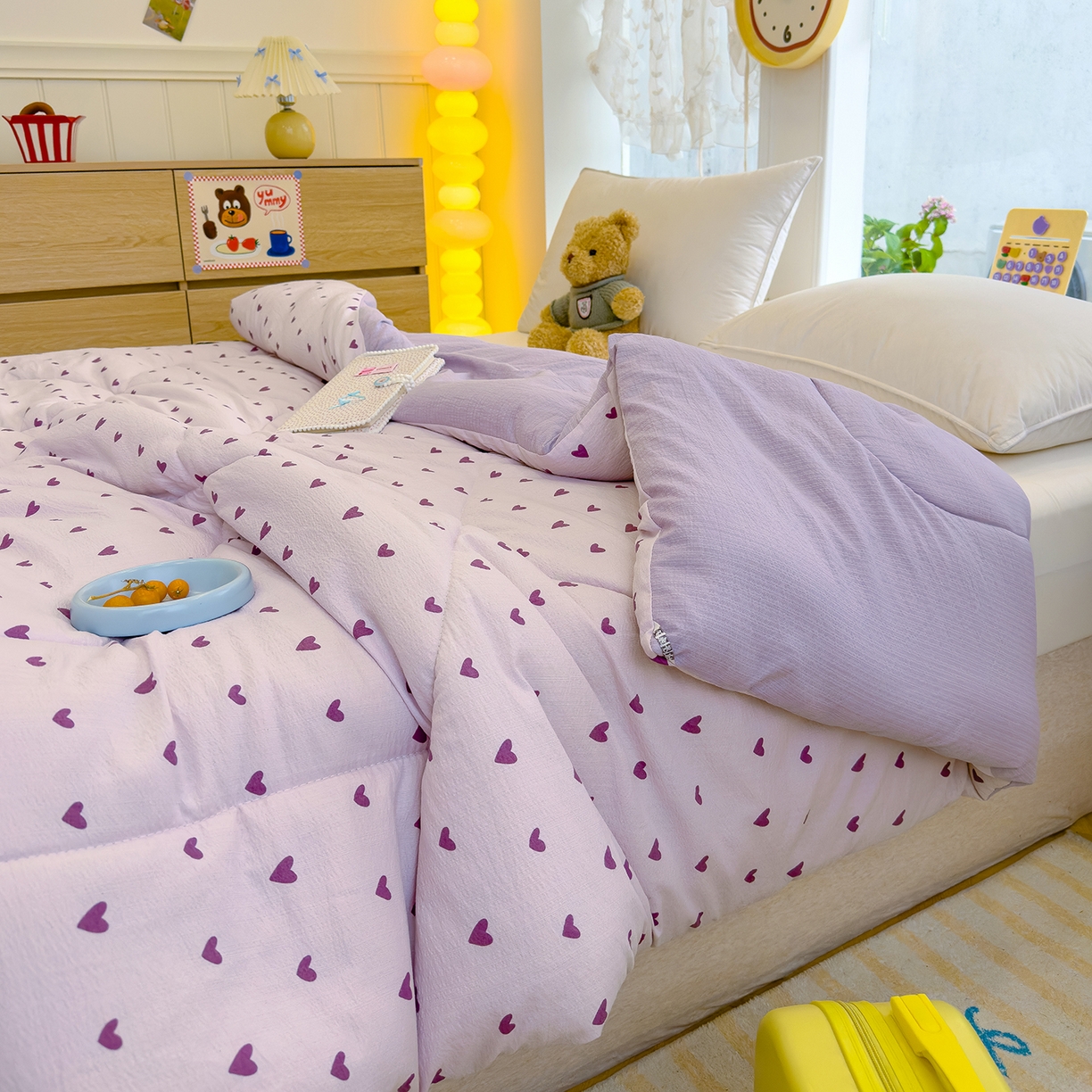 91家纺网 家纺一手货源 找家纺 弗苓家纺 2025新款A类云感有氧双层纱冬被被子被芯 紫爱心