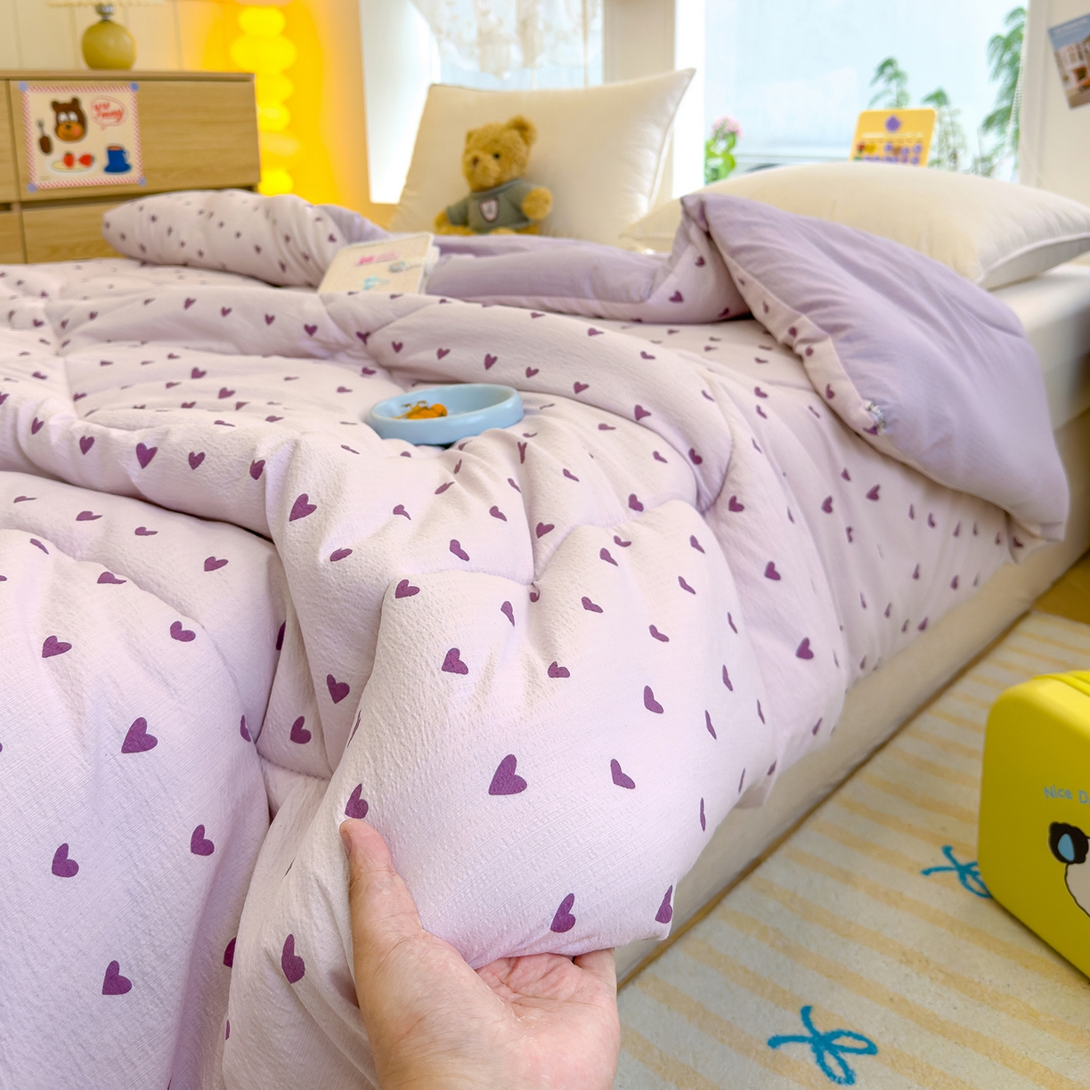 91家纺网 家纺一手货源 找家纺 弗苓家纺 2025新款A类云感有氧双层纱冬被被子被芯 紫爱心