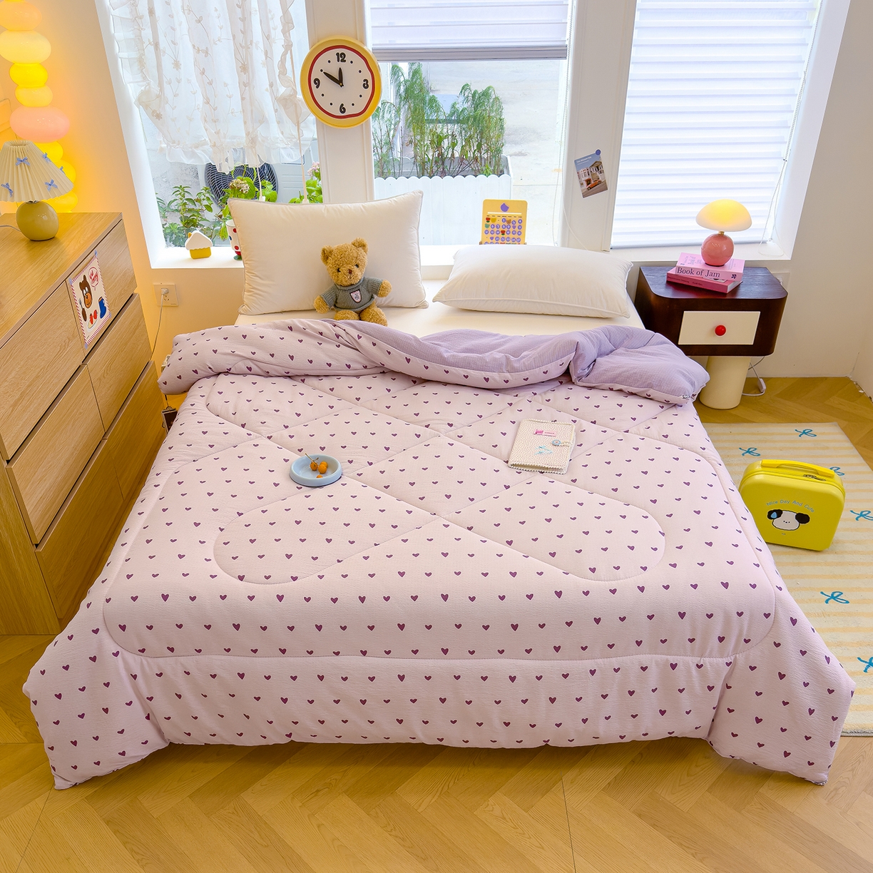 91家纺网 家纺一手货源 找家纺 弗苓家纺 2025新款A类云感有氧双层纱冬被被子被芯 紫爱心