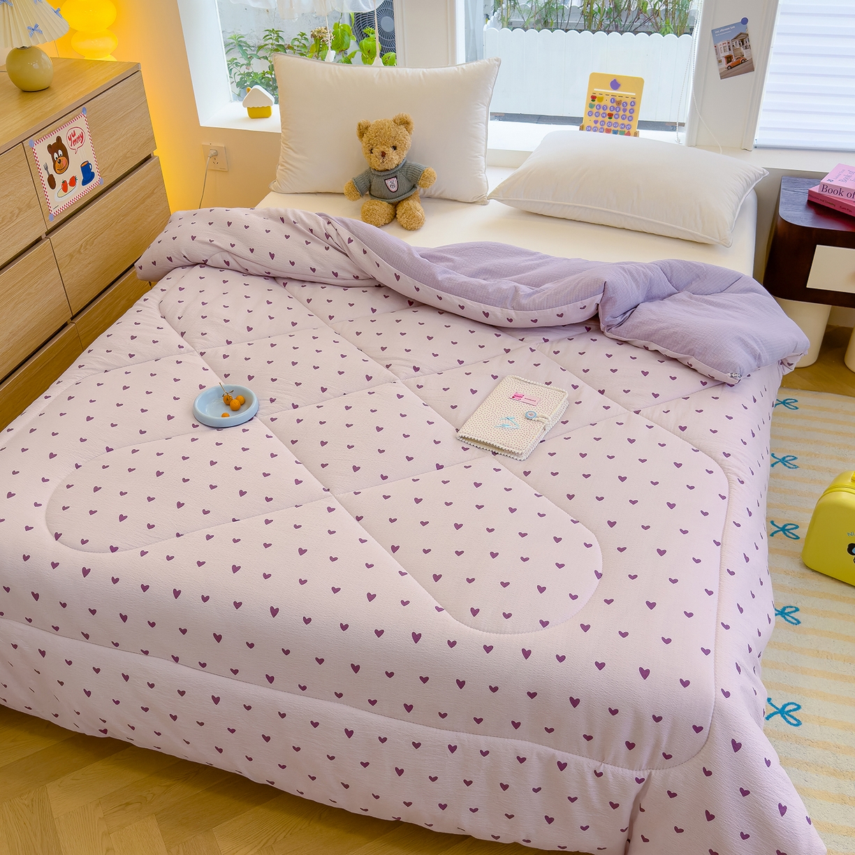 91家纺网 家纺一手货源 找家纺 弗苓家纺 2025新款A类云感有氧双层纱冬被被子被芯 紫爱心