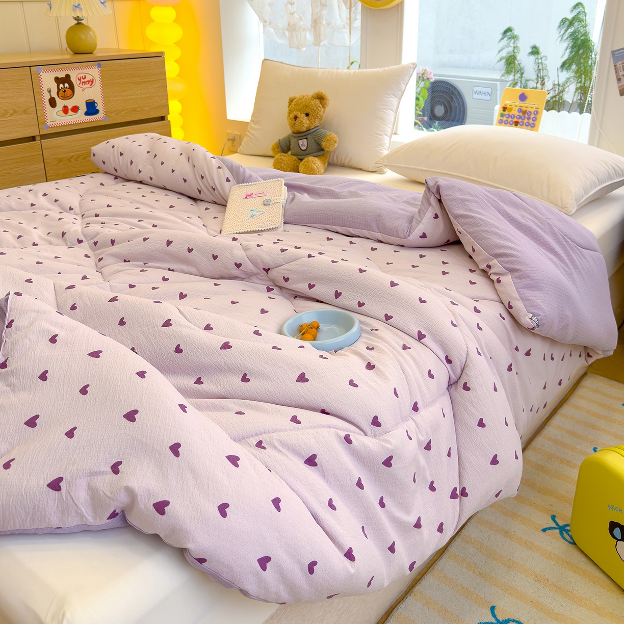 91家纺网 家纺一手货源 找家纺 弗苓家纺 2025新款A类云感有氧双层纱冬被被子被芯 紫爱心