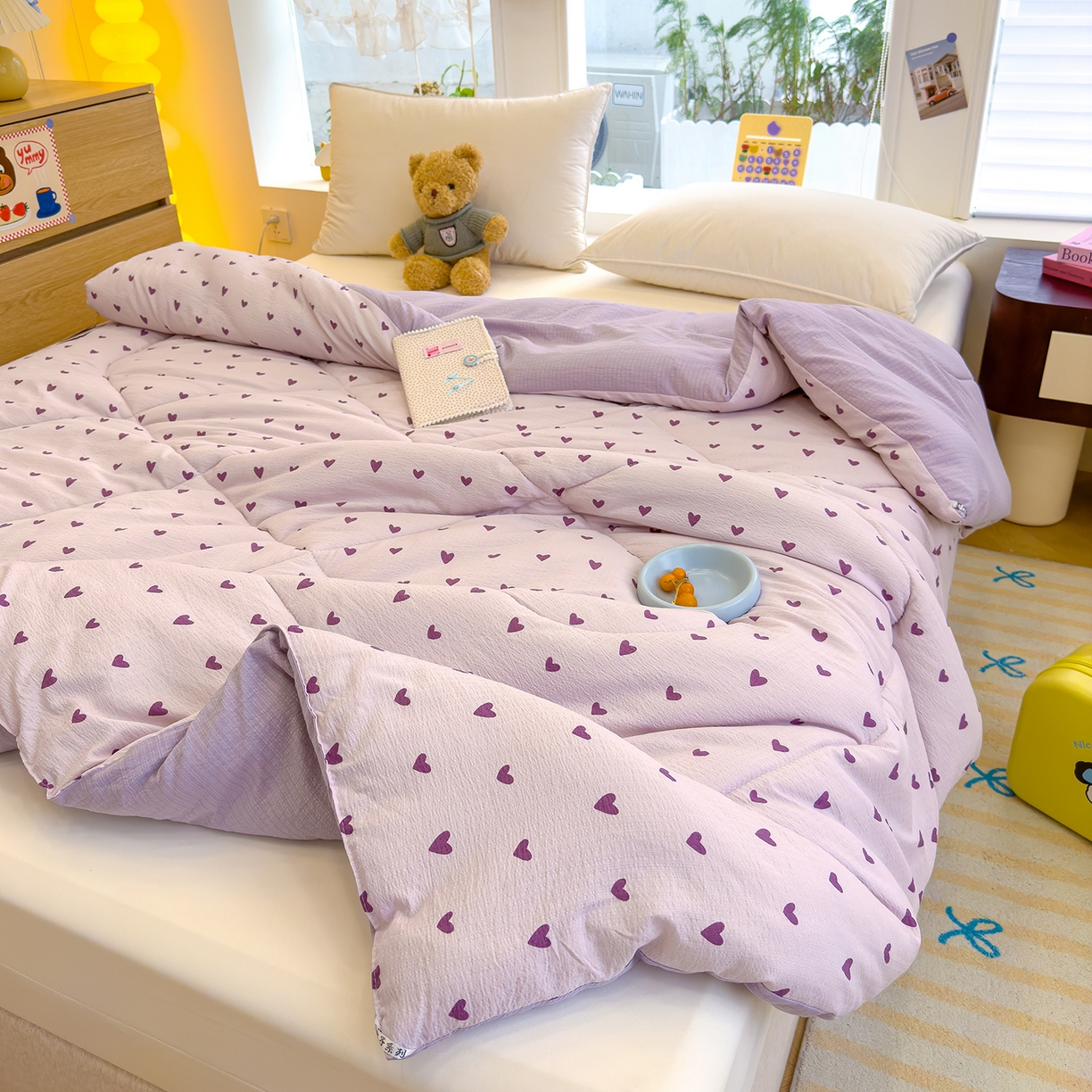 91家纺网 家纺一手货源 找家纺 弗苓家纺 2025新款A类云感有氧双层纱冬被被子被芯 紫爱心