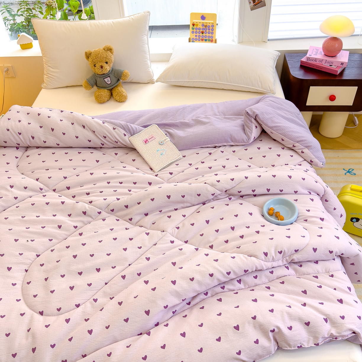 91家纺网 家纺一手货源 找家纺 弗苓家纺 2025新款A类云感有氧双层纱冬被被子被芯 紫爱心