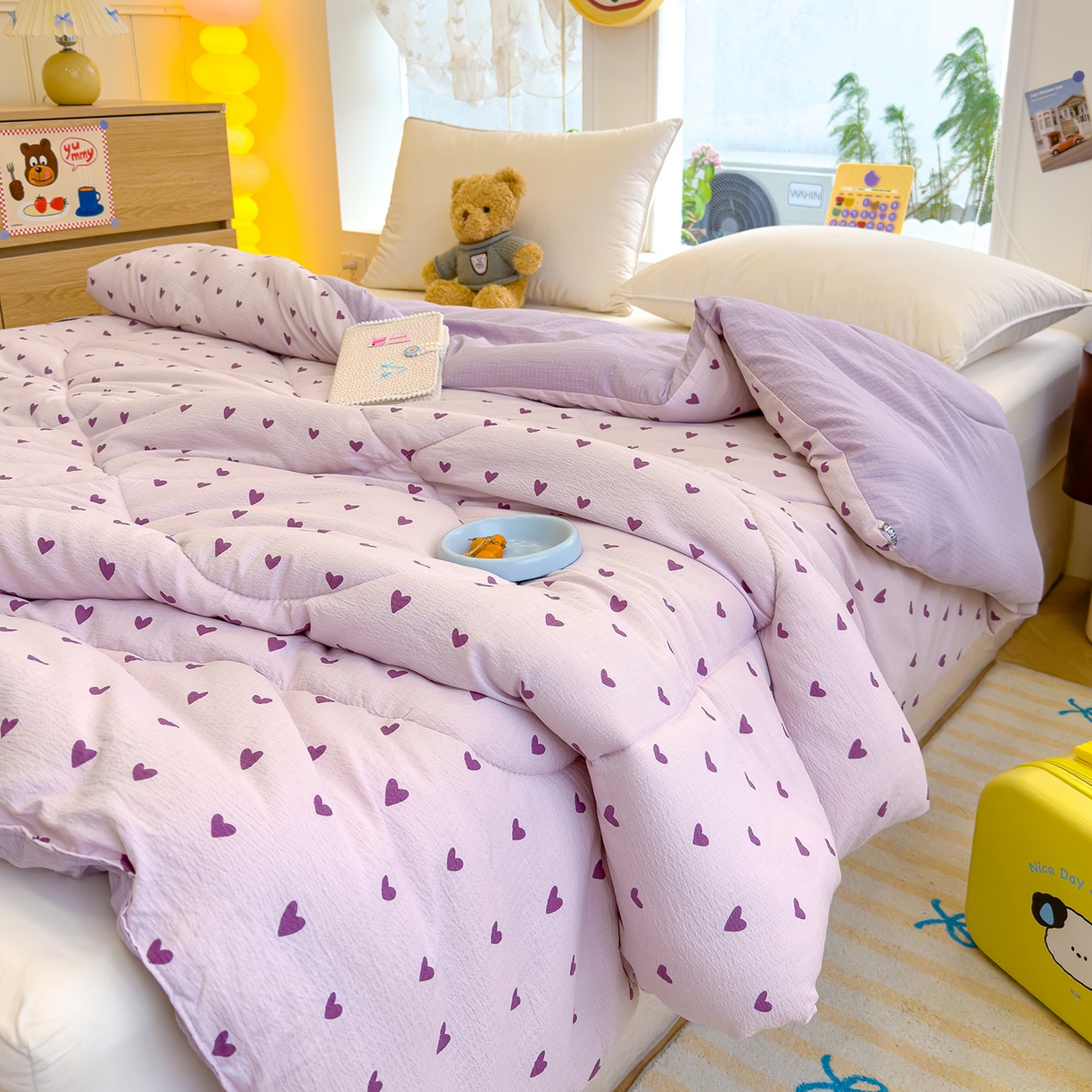 91家纺网 家纺一手货源 找家纺 弗苓家纺 2025新款A类云感有氧双层纱冬被被子被芯 紫爱心