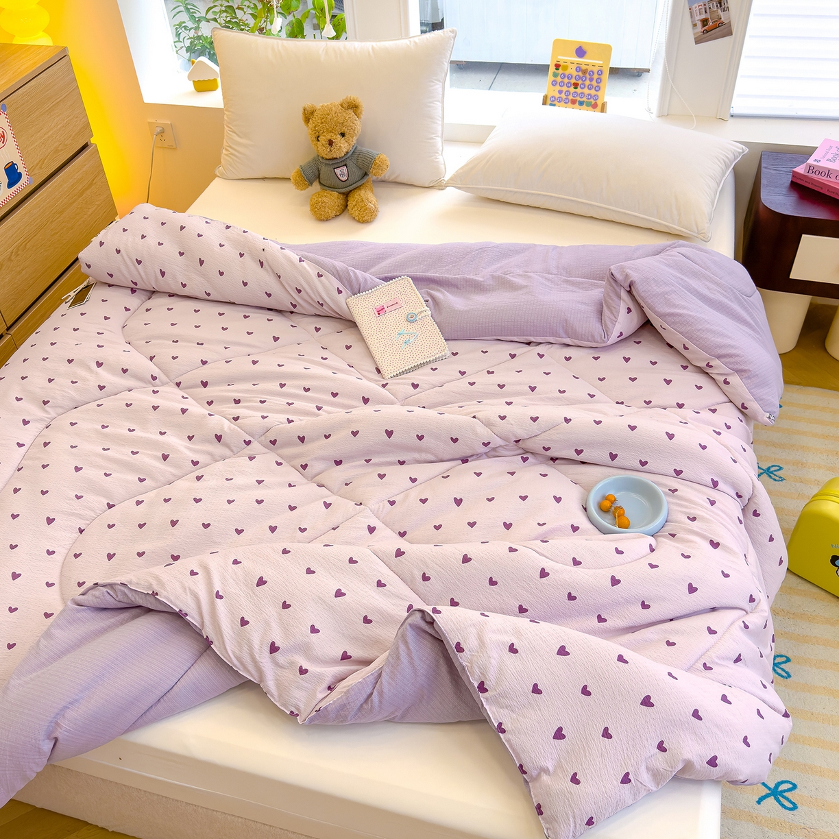 91家纺网 家纺一手货源 找家纺 弗苓家纺 2025新款A类云感有氧双层纱冬被被子被芯 紫爱心