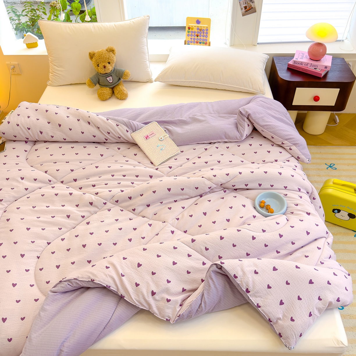 91家纺网 家纺一手货源 找家纺 弗苓家纺 2025新款A类云感有氧双层纱冬被被子被芯 紫爱心