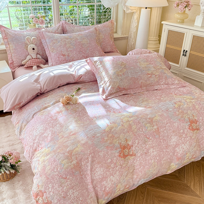 91家纺网 家纺一手货源 找家纺 巧玲珑 2025新款100%数码印花生态AB版四件套 沐熙