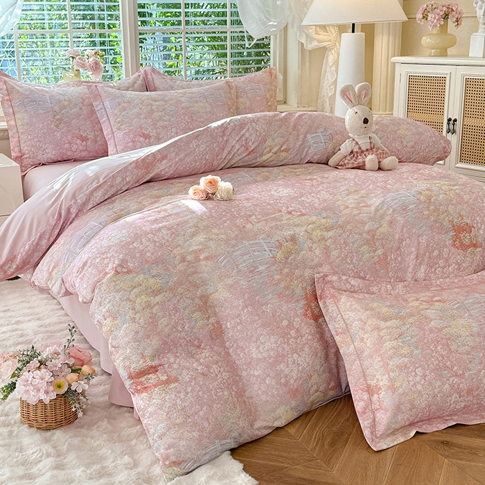 91家纺网 家纺一手货源 找家纺 巧玲珑 2025新款100%数码印花生态AB版四件套 沐熙