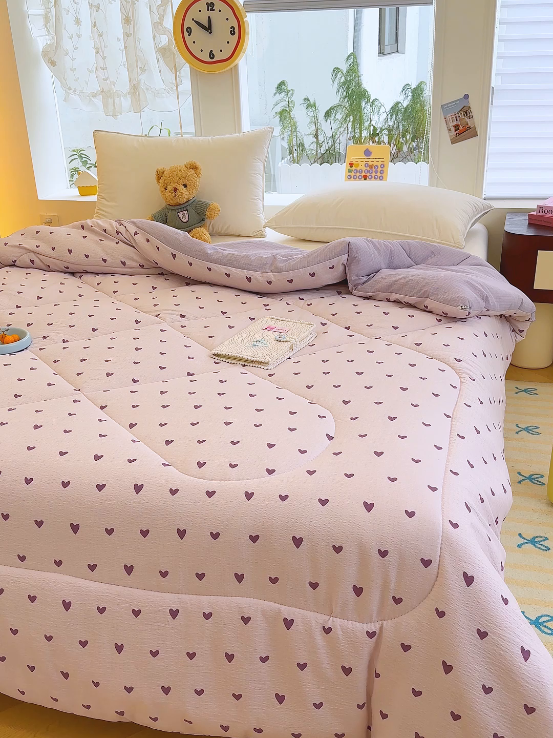 91家纺网 家纺一手货源 找家纺 弗苓家纺 2025新款A类云感有氧双层纱冬被被子被芯 紫爱心