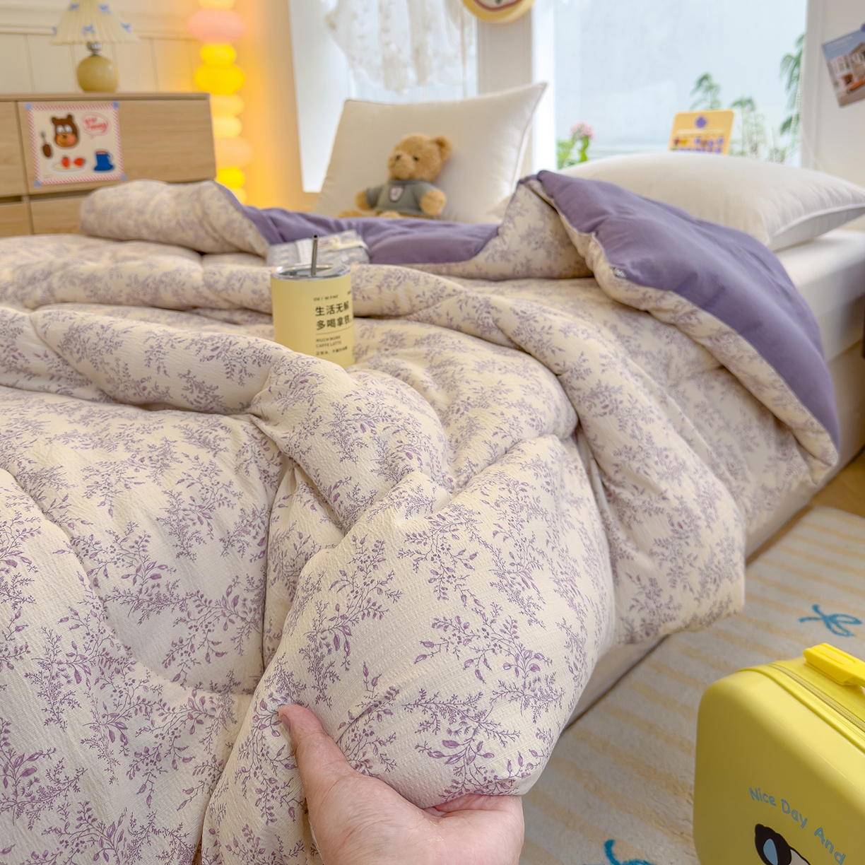 91家纺网 家纺一手货源 找家纺 弗苓家纺 2025新款A类云感有氧双层纱冬被被子被芯 紫苏