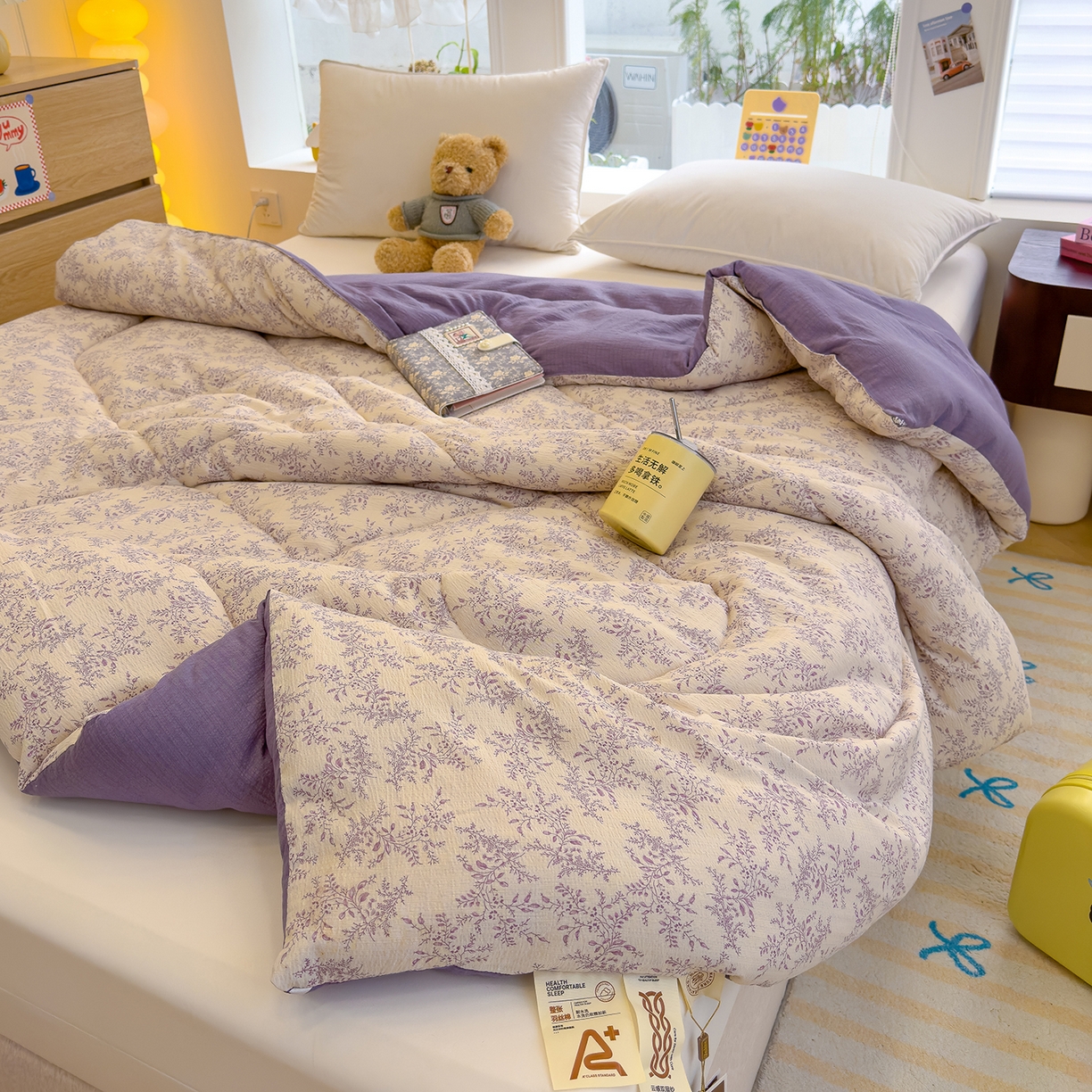 91家纺网 家纺一手货源 找家纺 弗苓家纺 2025新款A类云感有氧双层纱冬被被子被芯 紫苏