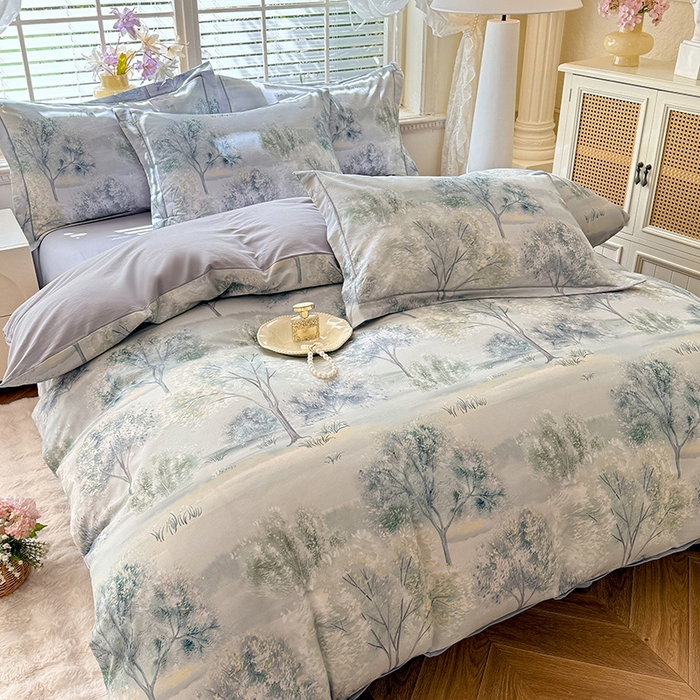 91家纺网 家纺一手货源 找家纺 巧玲珑 2025新款100%数码印花生态AB版四件套 暮春