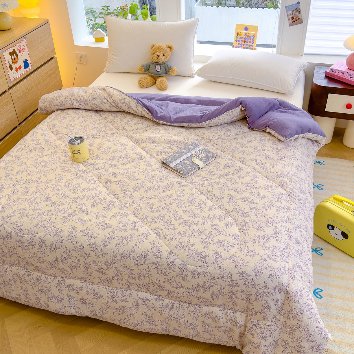 91家纺网 家纺一手货源 找家纺 弗苓家纺 2025新款A类云感有氧双层纱冬被被子被芯 紫苏