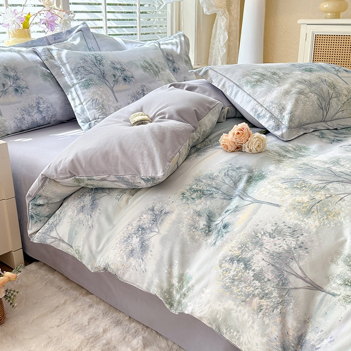 91家纺网 家纺一手货源 找家纺 巧玲珑 2025新款100%数码印花生态AB版四件套 暮春