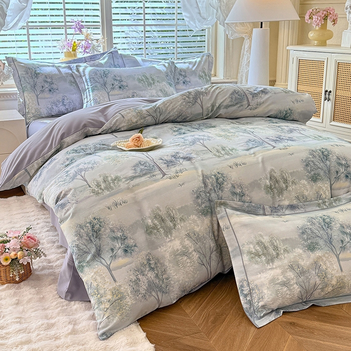 91家纺网 家纺一手货源 找家纺 巧玲珑 2025新款100%数码印花生态AB版四件套 暮春