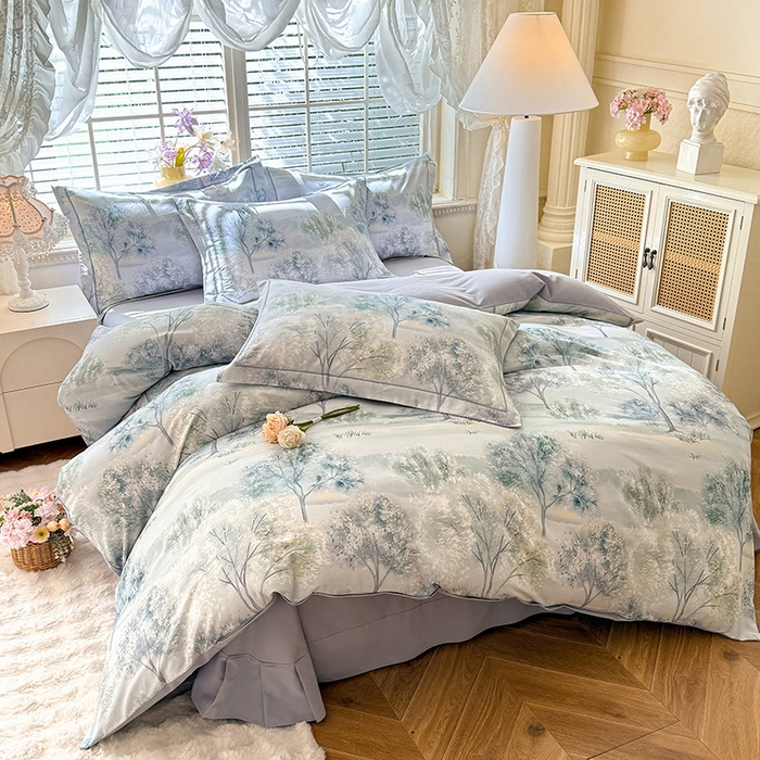 91家纺网 家纺一手货源 找家纺 巧玲珑 2025新款100%数码印花生态AB版四件套 暮春