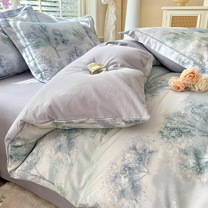 91家纺网 家纺一手货源 找家纺 巧玲珑 2025新款100%数码印花生态AB版四件套 暮春