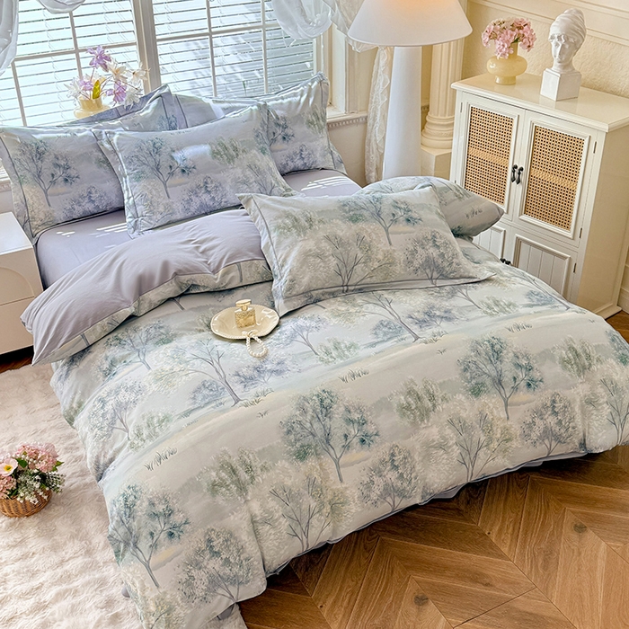 91家纺网 家纺一手货源 找家纺 巧玲珑 2025新款100%数码印花生态AB版四件套 暮春