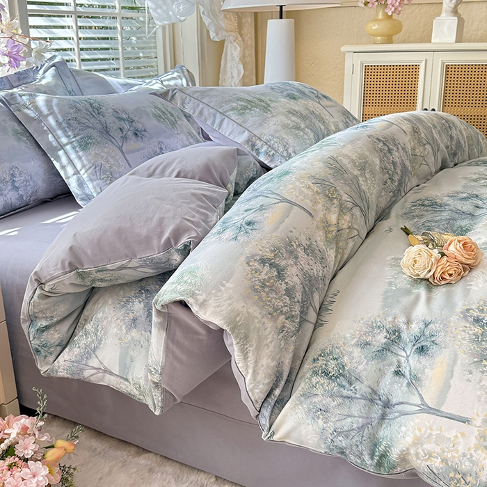 91家纺网 家纺一手货源 找家纺 巧玲珑 2025新款100%数码印花生态AB版四件套 暮春