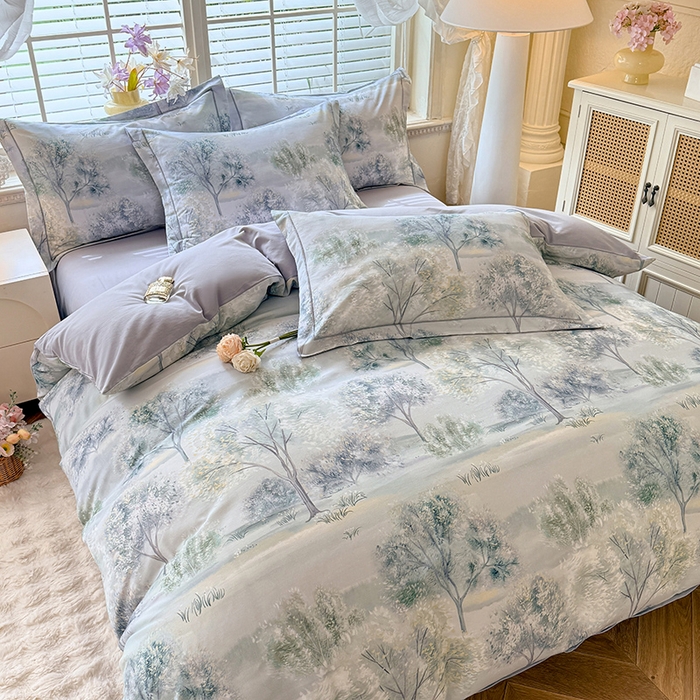 91家纺网 家纺一手货源 找家纺 巧玲珑 2025新款100%数码印花生态AB版四件套 暮春