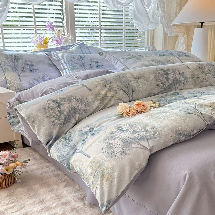 91家纺网 家纺一手货源 找家纺 巧玲珑 2025新款100%数码印花生态AB版四件套 暮春