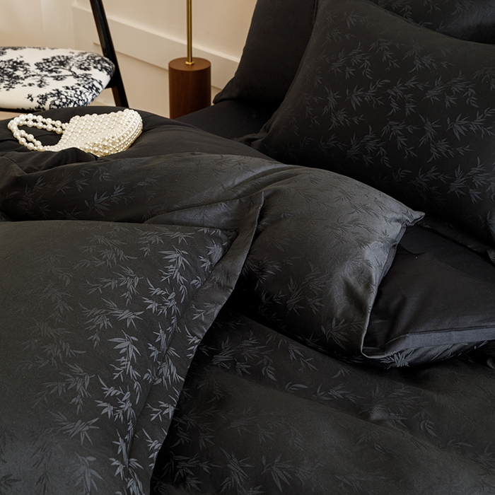 91家纺网 家纺一手货源 找家纺 苏源家居 2025贡缎提花全棉纯棉四件套轻奢简约风套件-竹影 竹影-玄黑