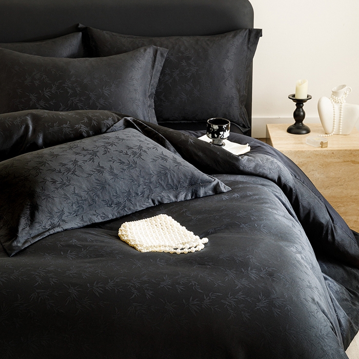 91家纺网 家纺一手货源 找家纺 苏源家居 2025贡缎提花全棉纯棉四件套轻奢简约风套件-竹影 竹影-玄黑