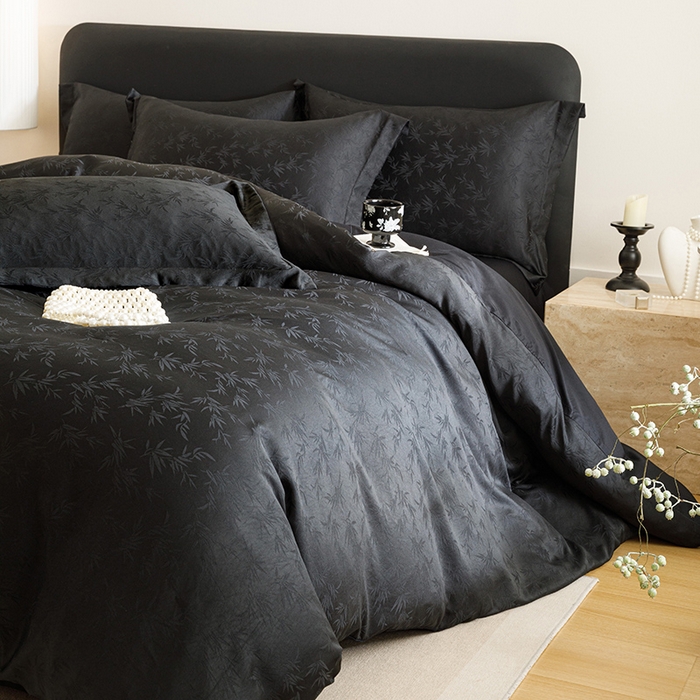 91家纺网 家纺一手货源 找家纺 苏源家居 2025贡缎提花全棉纯棉四件套轻奢简约风套件-竹影 竹影-玄黑