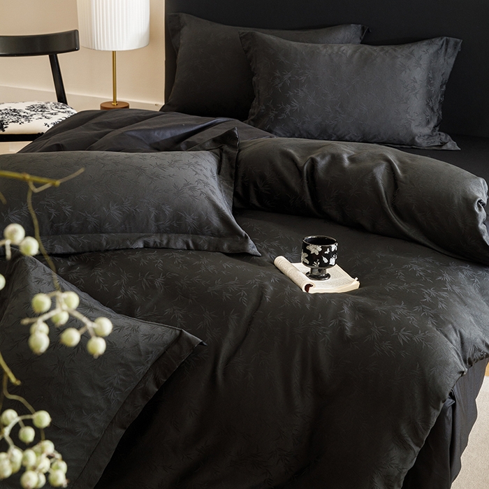 91家纺网 家纺一手货源 找家纺 苏源家居 2025贡缎提花全棉纯棉四件套轻奢简约风套件-竹影 竹影-玄黑