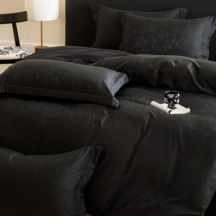 91家纺网 家纺一手货源 找家纺 苏源家居 2025贡缎提花全棉纯棉四件套轻奢简约风套件-竹影 竹影-玄黑