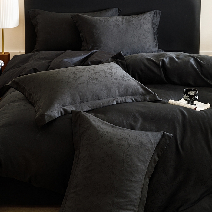 91家纺网 家纺一手货源 找家纺 苏源家居 2025贡缎提花全棉纯棉四件套轻奢简约风套件-竹影 竹影-玄黑