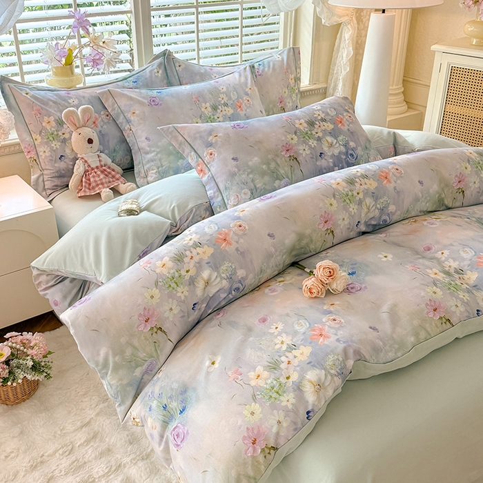 91家纺网 家纺一手货源 找家纺 巧玲珑 2025新款100%数码印花生态AB版四件套 曲悠