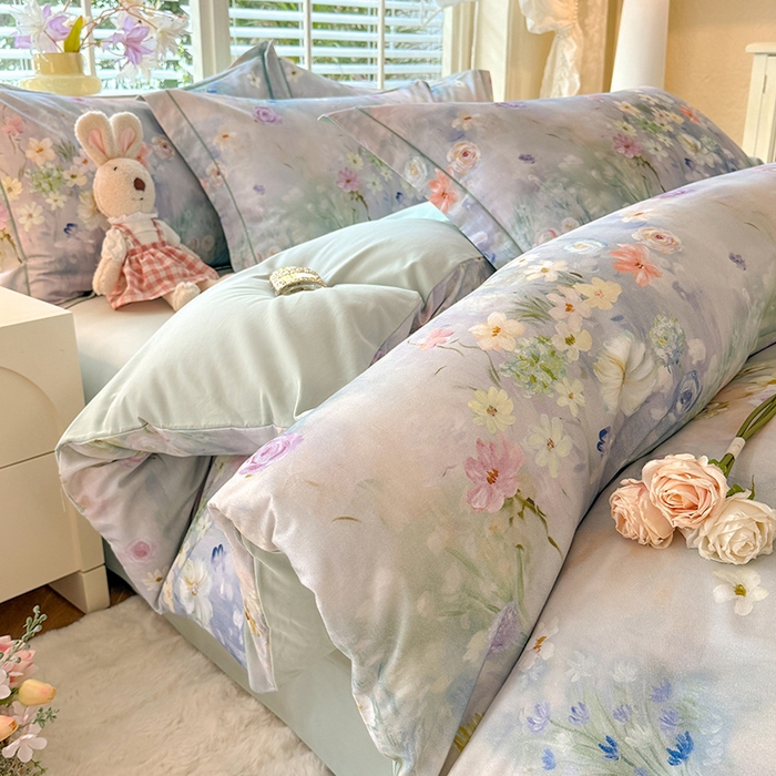 91家纺网 家纺一手货源 找家纺 巧玲珑 2025新款100%数码印花生态AB版四件套 曲悠