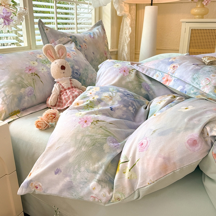 91家纺网 家纺一手货源 找家纺 巧玲珑 2025新款100%数码印花生态AB版四件套 曲悠