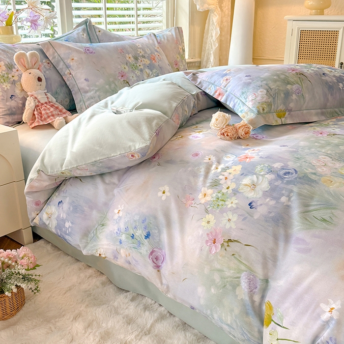 91家纺网 家纺一手货源 找家纺 巧玲珑 2025新款100%数码印花生态AB版四件套 曲悠